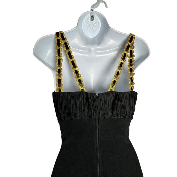 DANA DEATHERAGE vintage 80's black wiggle bombshell dress size small gold trim - Picture 5 of 9